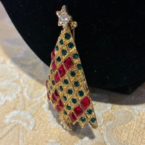 HOLIDAY🎄🎄EISENBERG ICE Gold Red/Green Swarovski Crystal Tree BROOCH - Picture 7 of 8